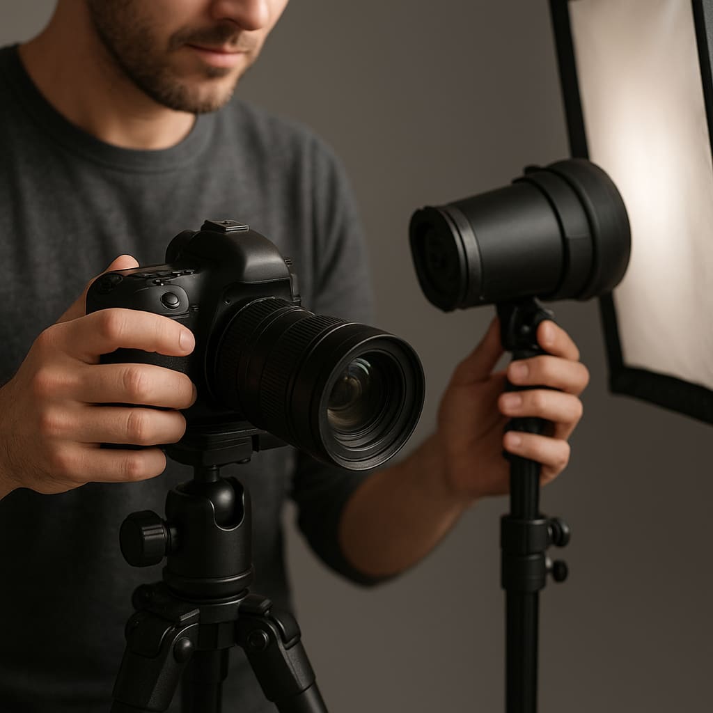 Fotograf arbeitet im Studio an Kamera und Licht