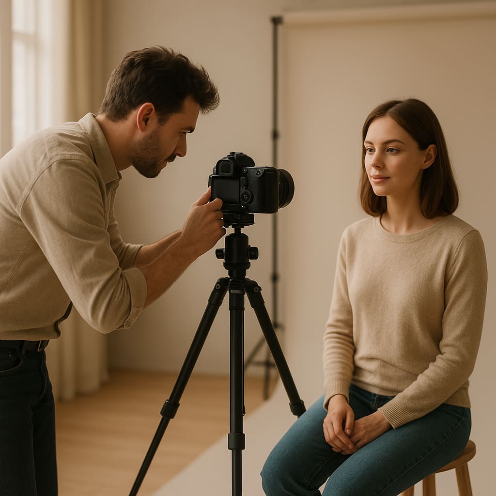 Fotografin bereitet ein Porträtshooting im hellen Studio vor